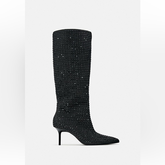 ZARA POINTED TOE RHINESTONE HEELED KNEE HIGH BOOTS - Picture 4 of 9